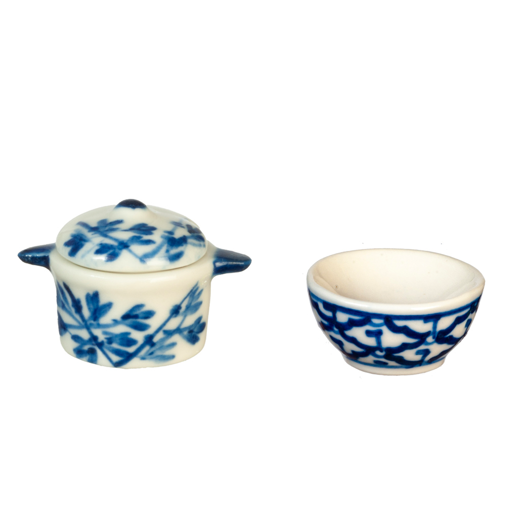 1 Inch Scale Blue Delft Ceramic Pot with Cover and Bowl Set Dollhouse Miniature