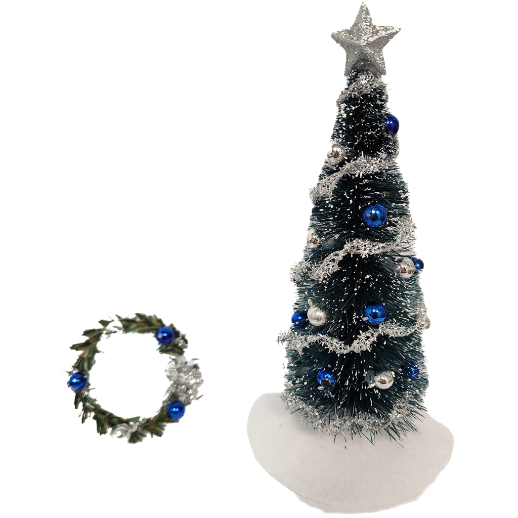 1 Inch Scale Decorated Blue and Silver Christmas Tree Dollhouse Miniature with Wreath