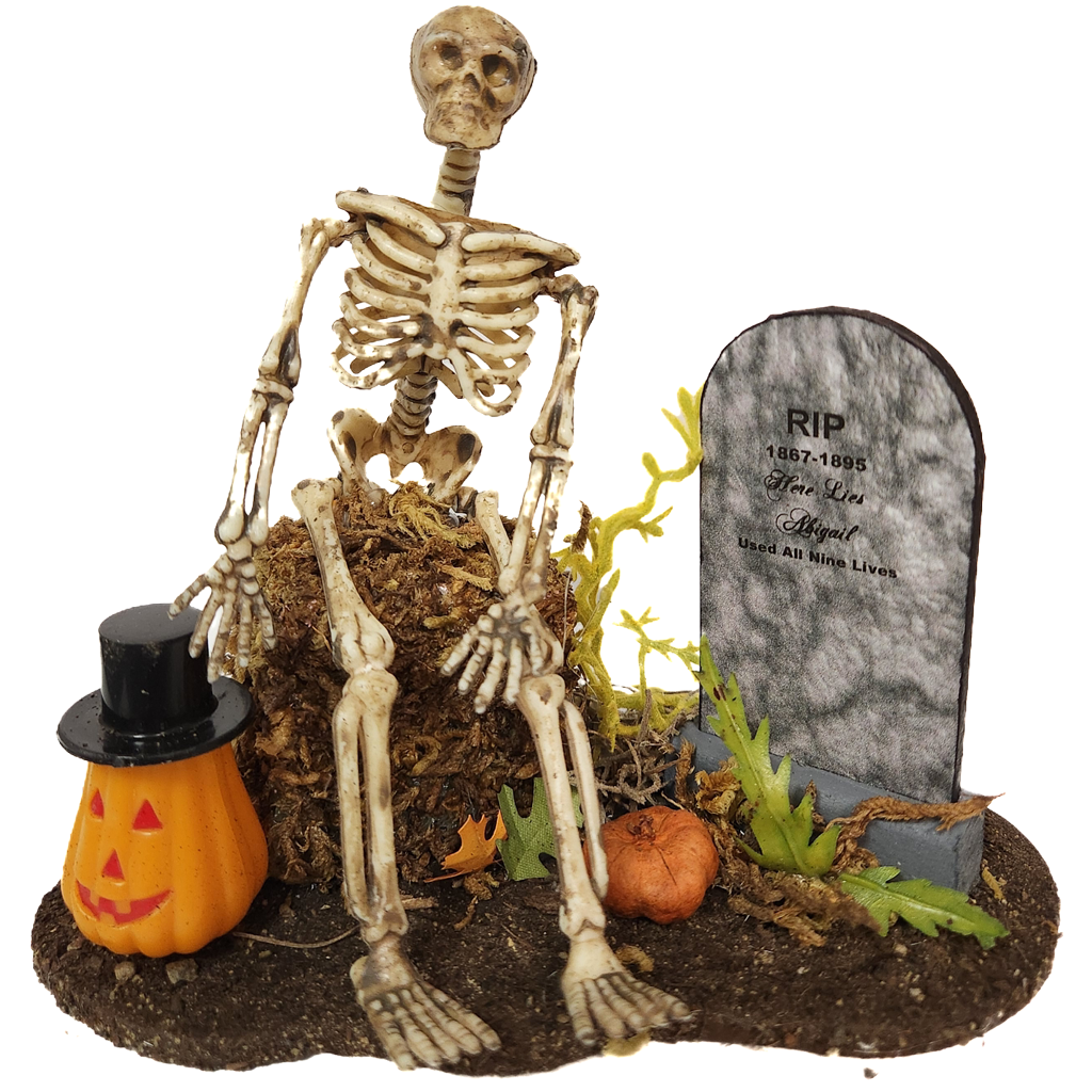 1 Inch Scale Decorated Skeleton on Bale of Hay with Pumpkin and Tombstone Dollhouse Miniature