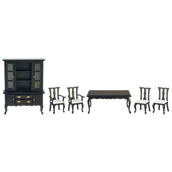 1 Inch Scale Dollhouse Dining Room Set in Black with White Cushions