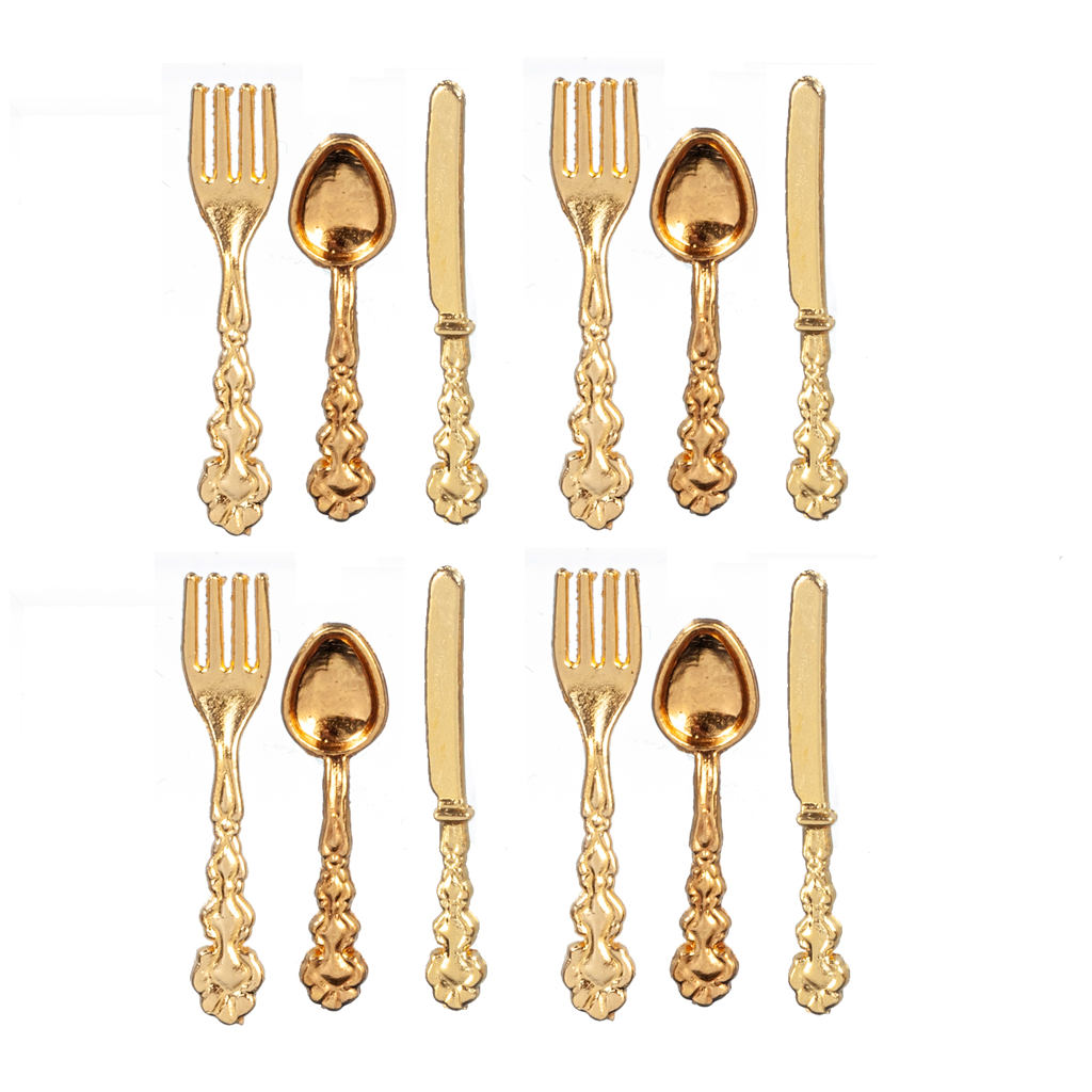 1 Inch Scale Gold Silverware Dollhouse Miniature Set - 12 pieces