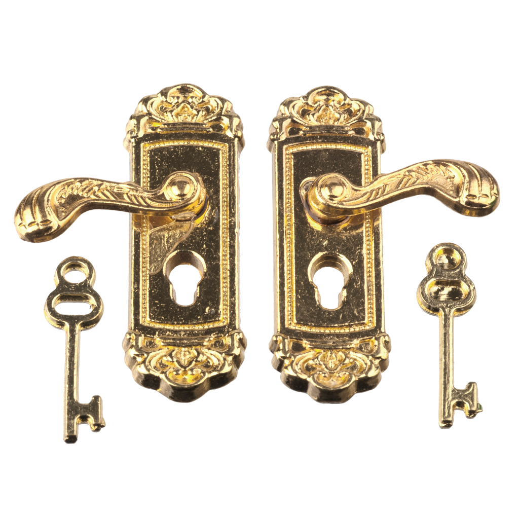 Brass Dollhouse Door Knob & Key Plate with Key 4 pieces