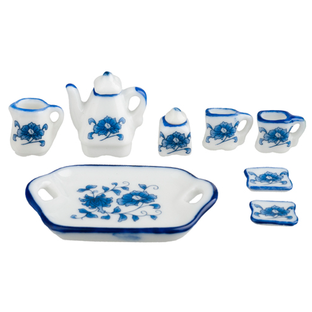 1 Inch Scale Blue Floral Dollhouse Coffee Set Dollhouse Miniature 8 pieces