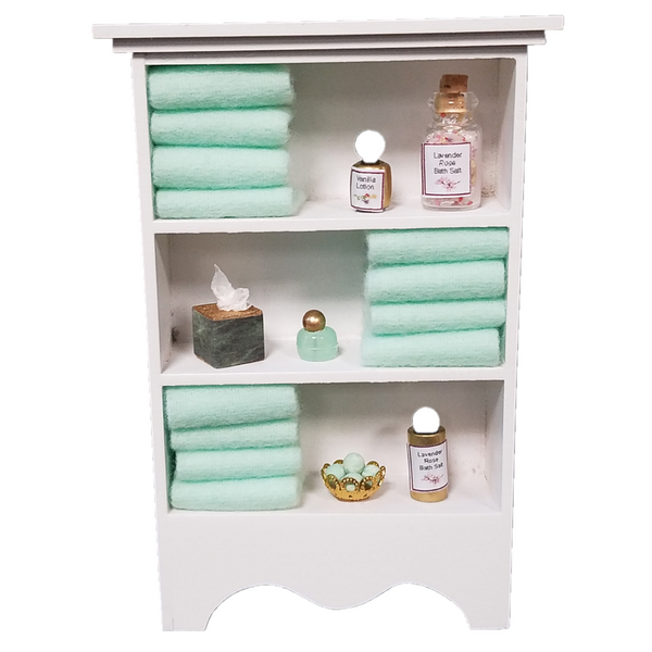 Decorated Small 1 Inch Scale Dollhouse Bathroom Cupboard with Accessories in Green
