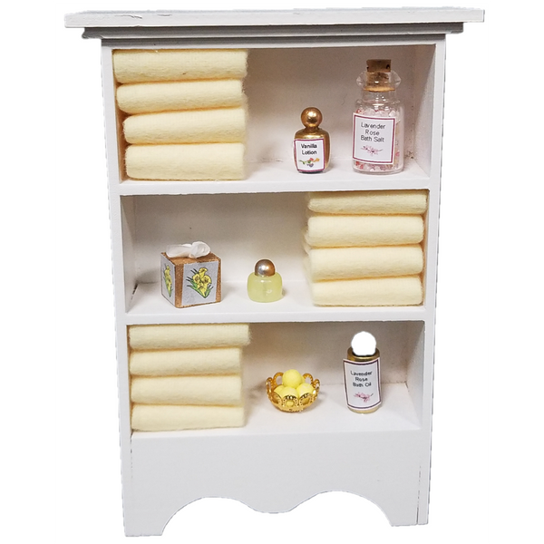 Decorated Small 1 Inch Scale Dollhouse Bathroom Cupboard with Accessories in Yellow