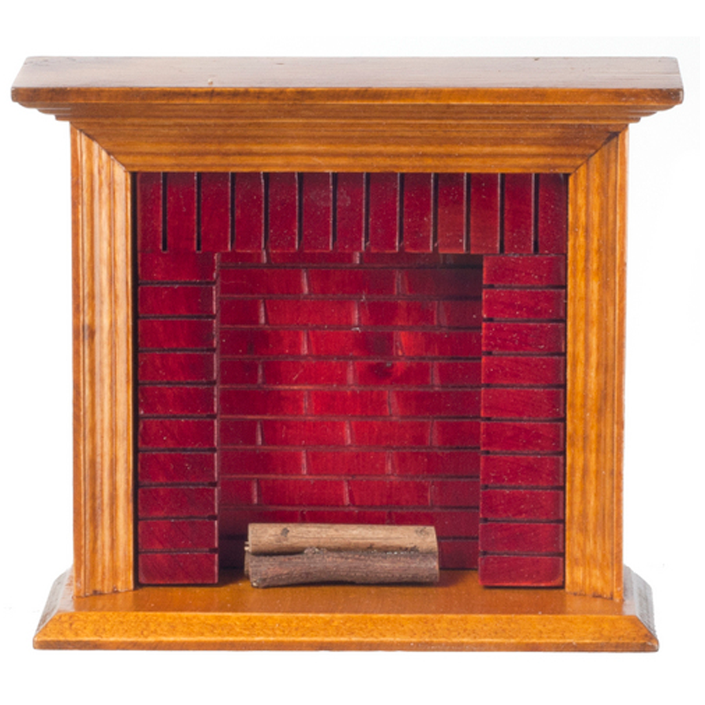 1 Inch Scale Walnut and Red Brick Dollhouse Fireplace with Logs
