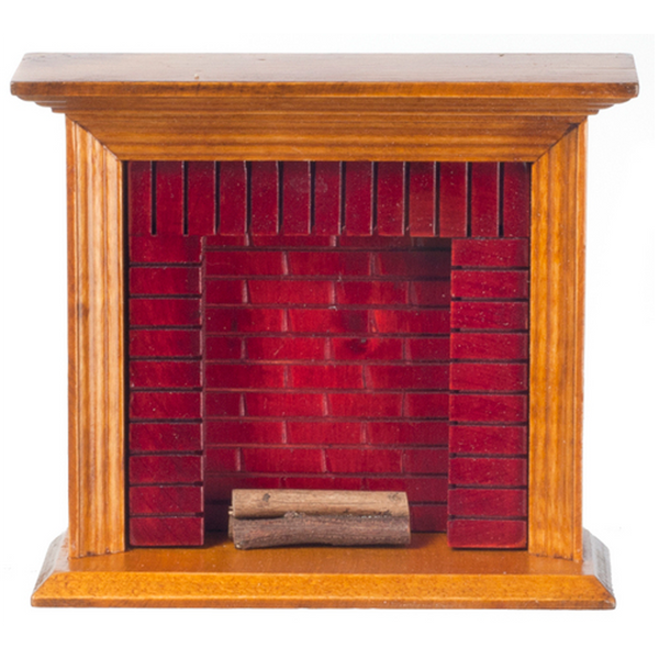 1 Inch Scale Walnut and Red Brick Dollhouse Fireplace with Logs