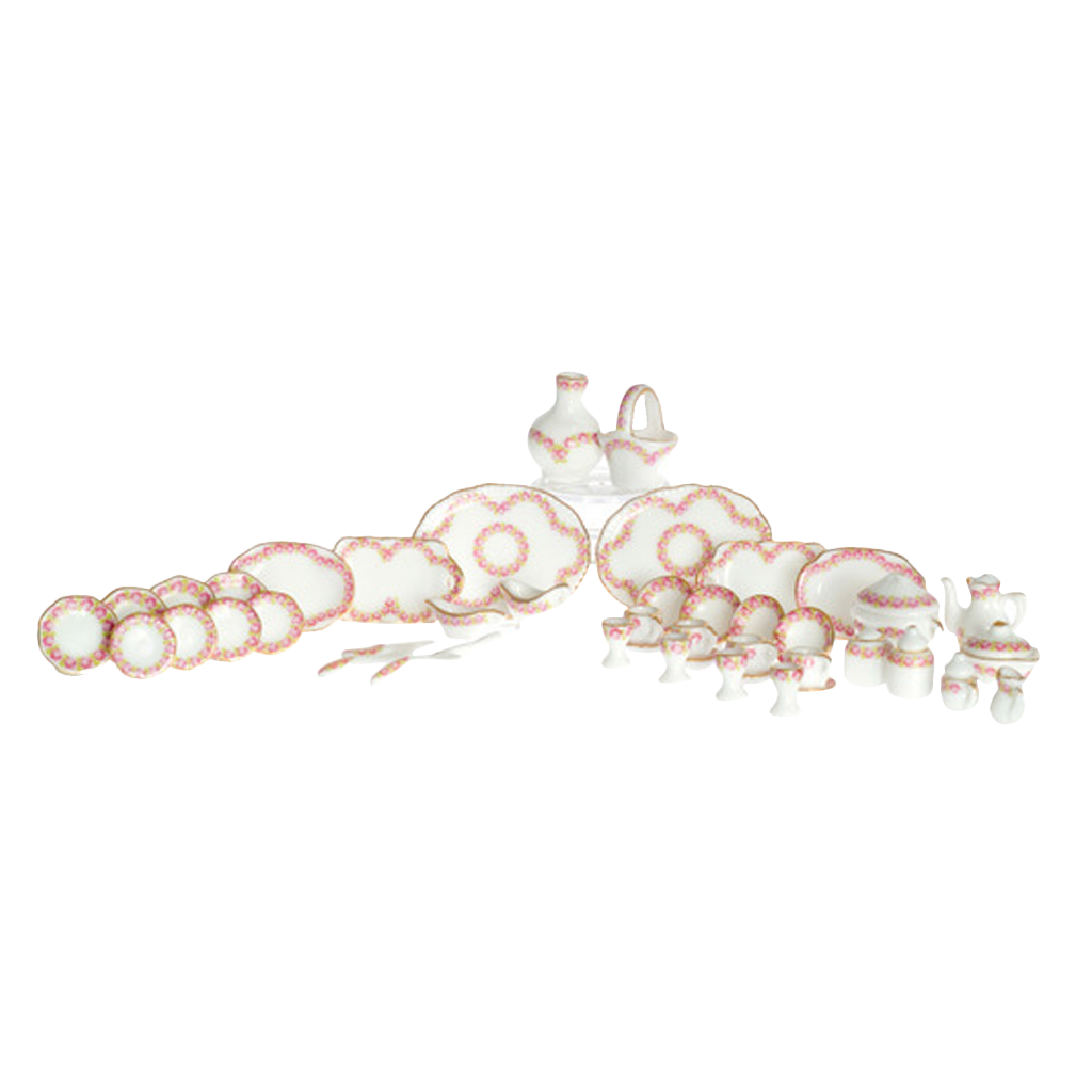 1 Inch Scale Pink Floral Dollhouse Tea and Serving Set - 50 pieces