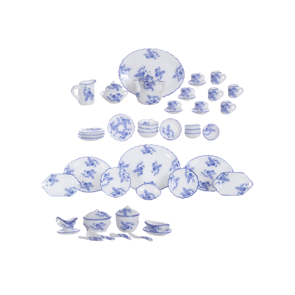 1 Inch Scale Blue Floral Dollhouse Tea and Serving Set - 50 pieces