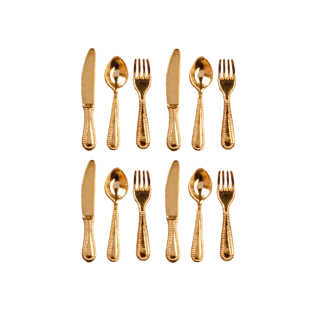 1 Inch Scale Gold Flatware Dollhouse Miniature Set - 12 pieces