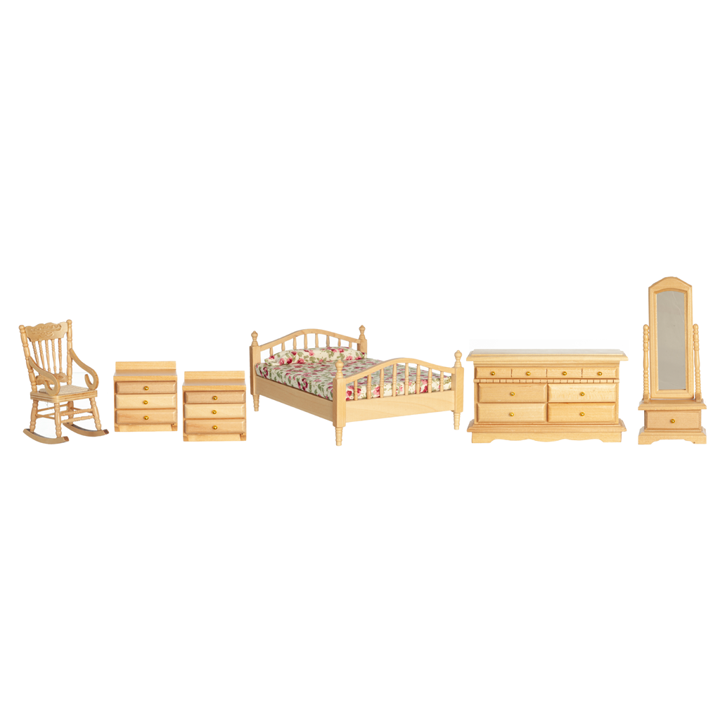 1 Inch Scale Dollhouse Master Bedroom Set - Oak