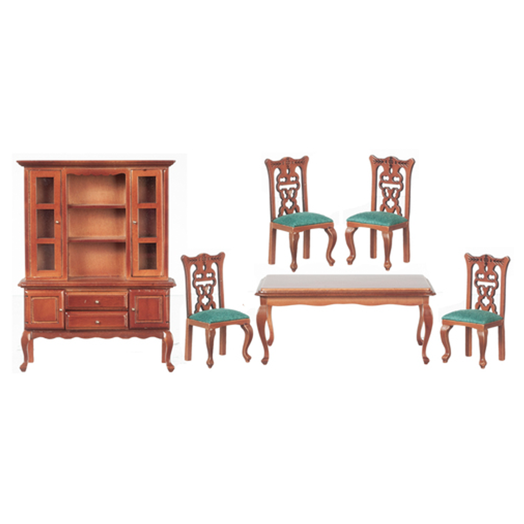 1 Inch Scale Dollhouse Dining Room Set in Walnut with Green Cushions