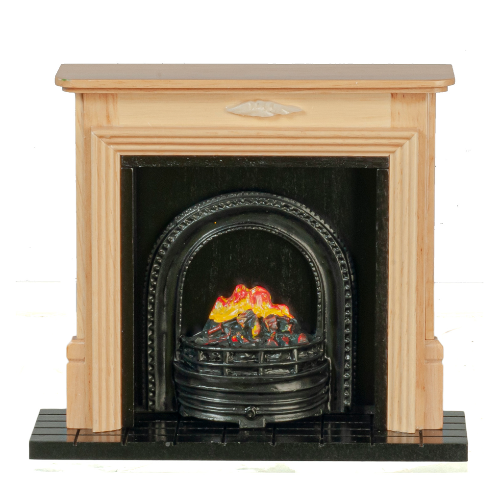 1 Inch Scale Oak Fireplace with Faux Fire Insert Dollhouse Miniature