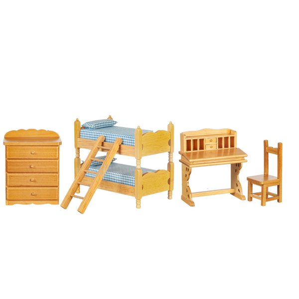 1 Inch Scale Dollhouse Bunk Beds Set in Oak with Blue Bedding