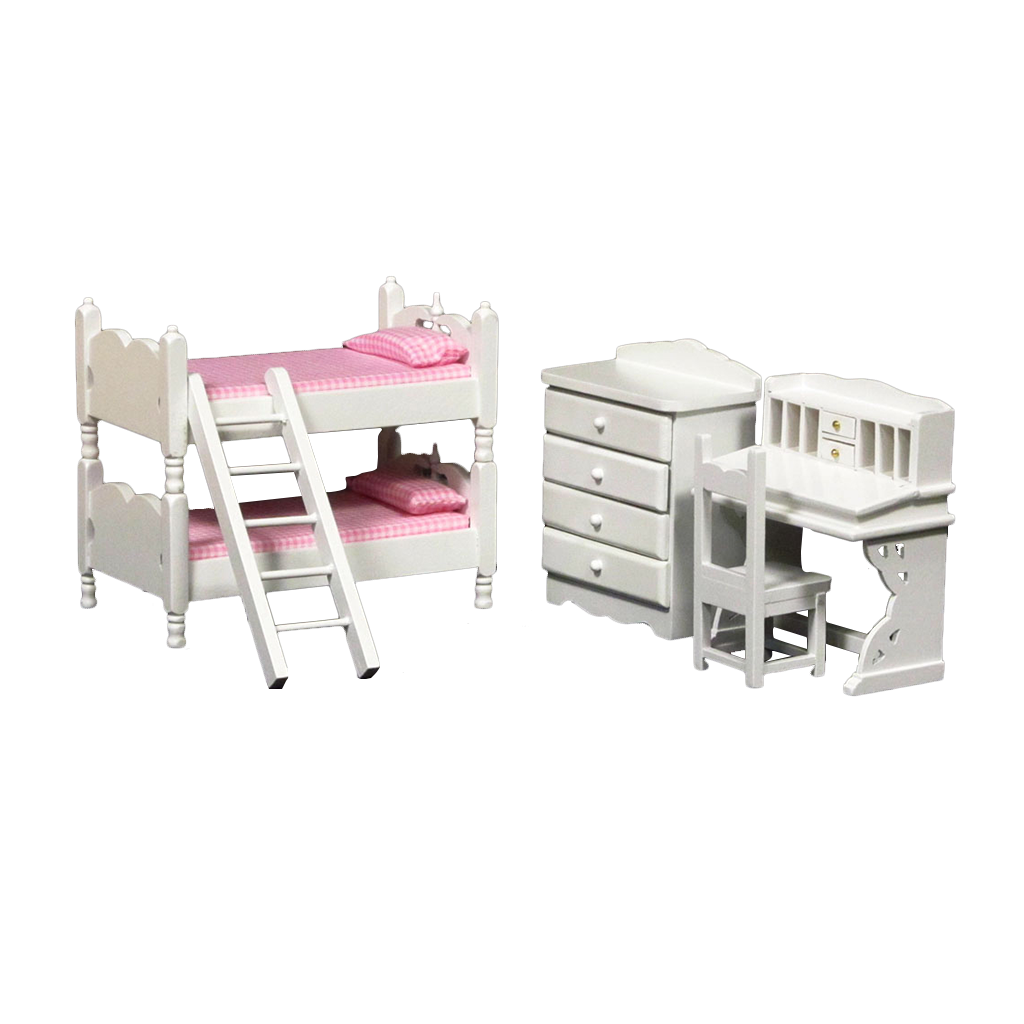 1 Inch Scale Dollhouse Bunk Beds Set with Pink Bedding