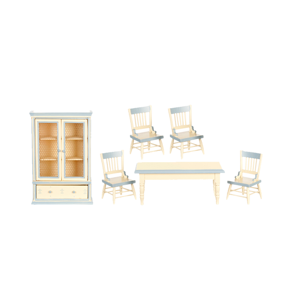 1 Inch Scale Dollhouse Farmhouse Dining Room Set in Cream and Light Blue