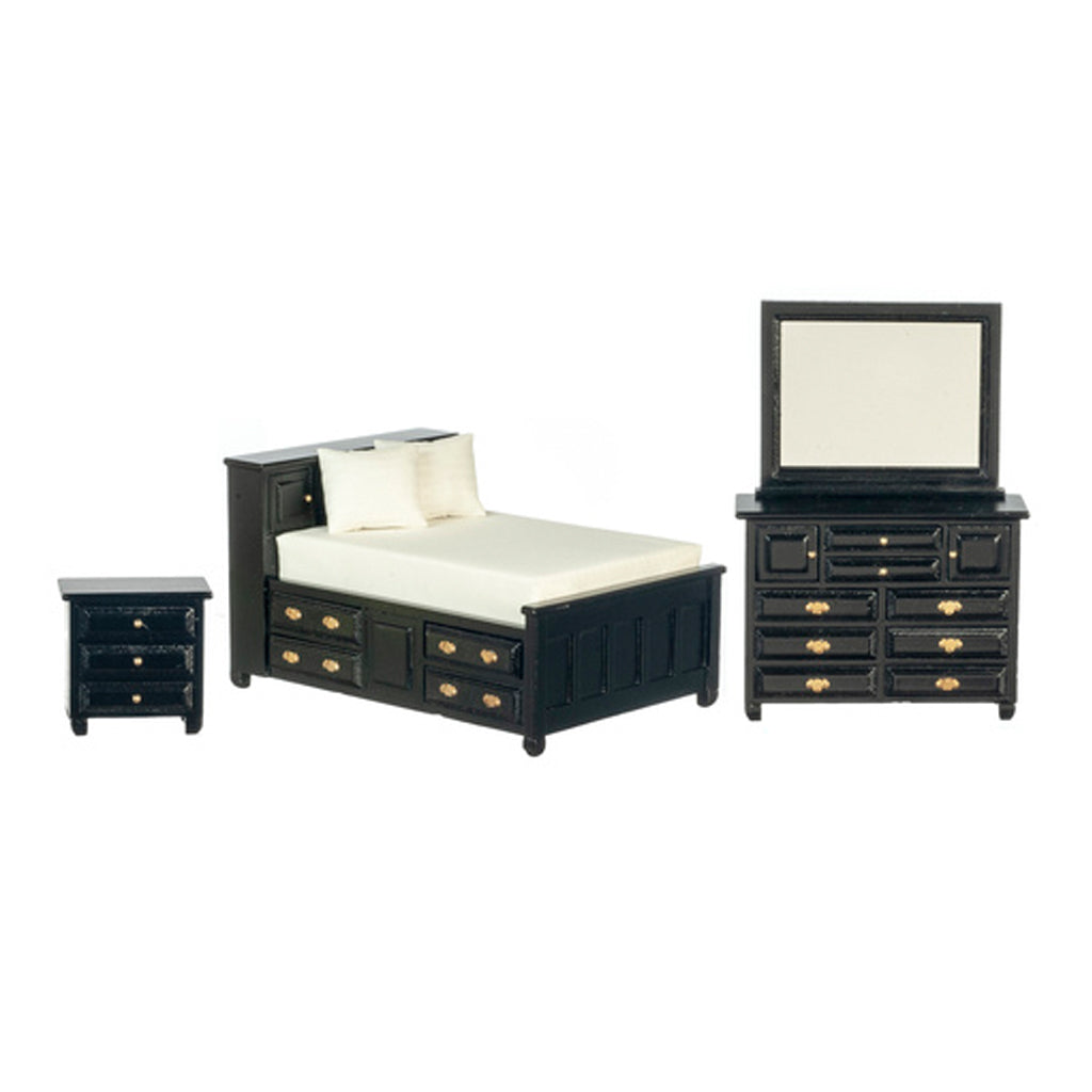1 Inch Scale Dollhouse Double Bedroom Set in Black