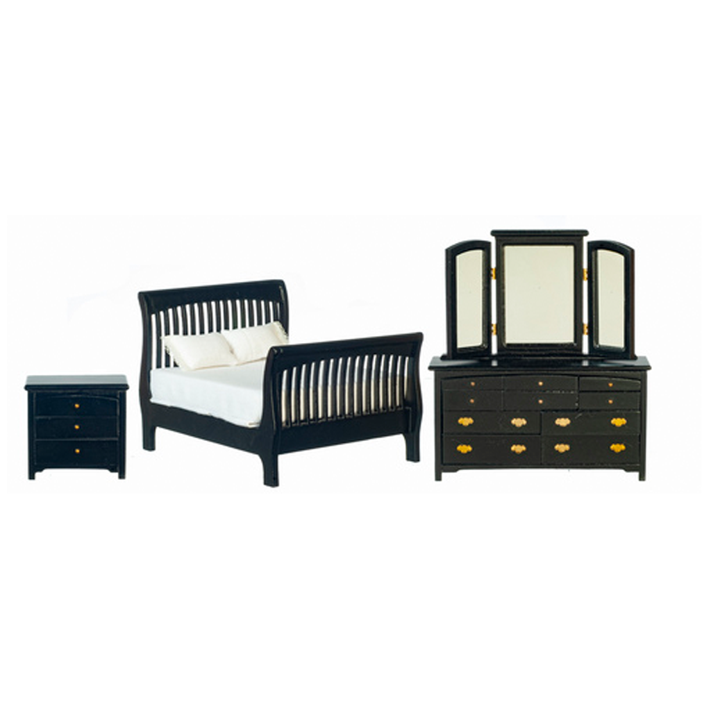 1 Inch Scale Modern Dollhouse Slatted Bedroom Set in Black