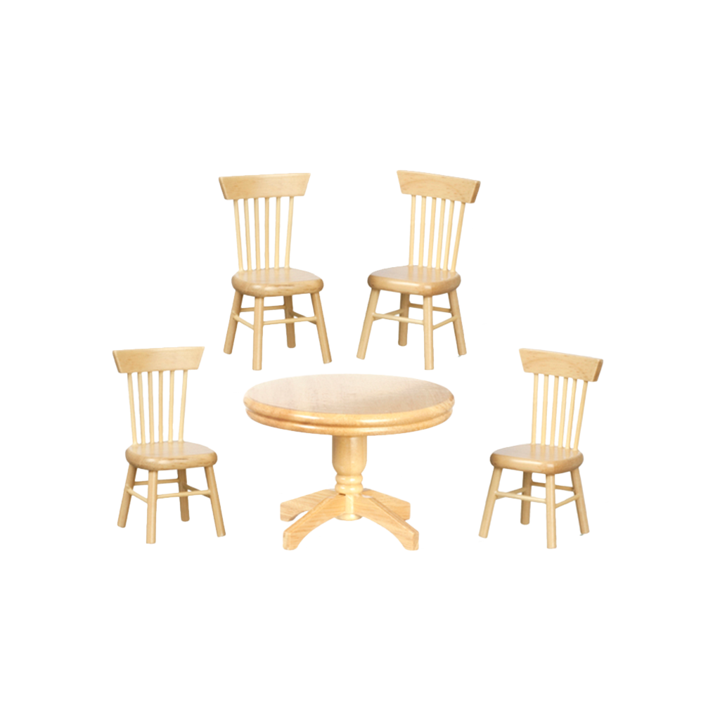 1 Inch Scale Round Table Oak Dollhouse Dining Room Set