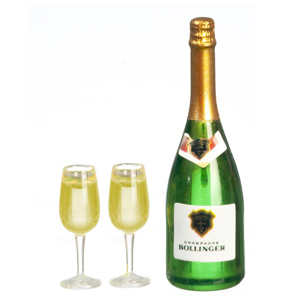 1 Inch Scale Champagne Bottle with 2 Glasses Dollhouse Miniature