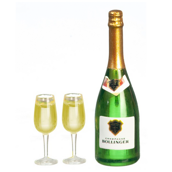 1 Inch Scale Champagne Bottle with 2 Glasses Dollhouse Miniature