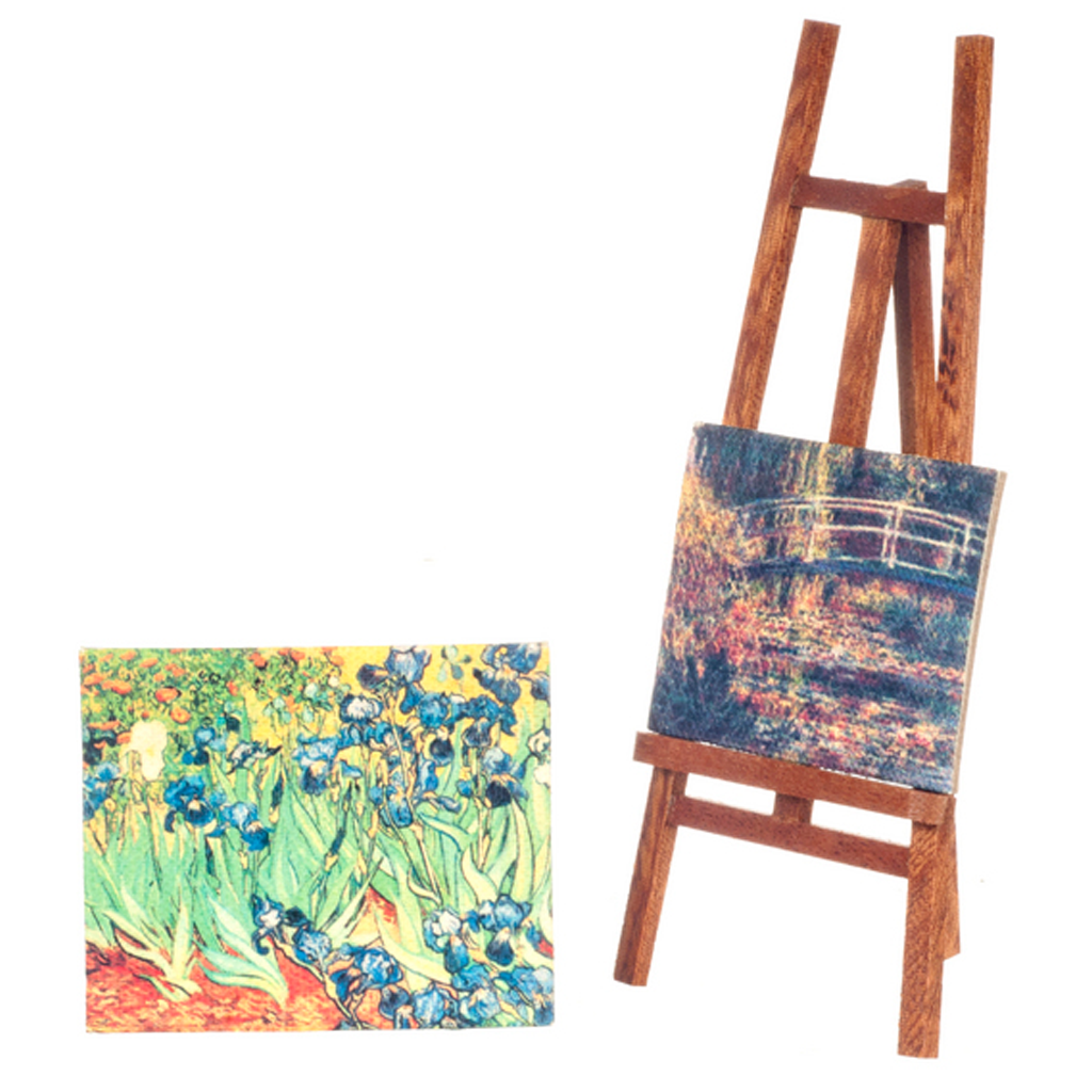1 Inch Miniatures 1 Inch Scale Wooden Easel Dollhouse Miniature with Two Canvas Painting ...