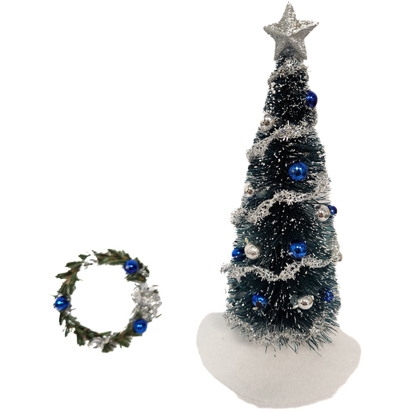 Decorated Blue and Silver Christmas Tree Dollhouse Miniature with Wreath
