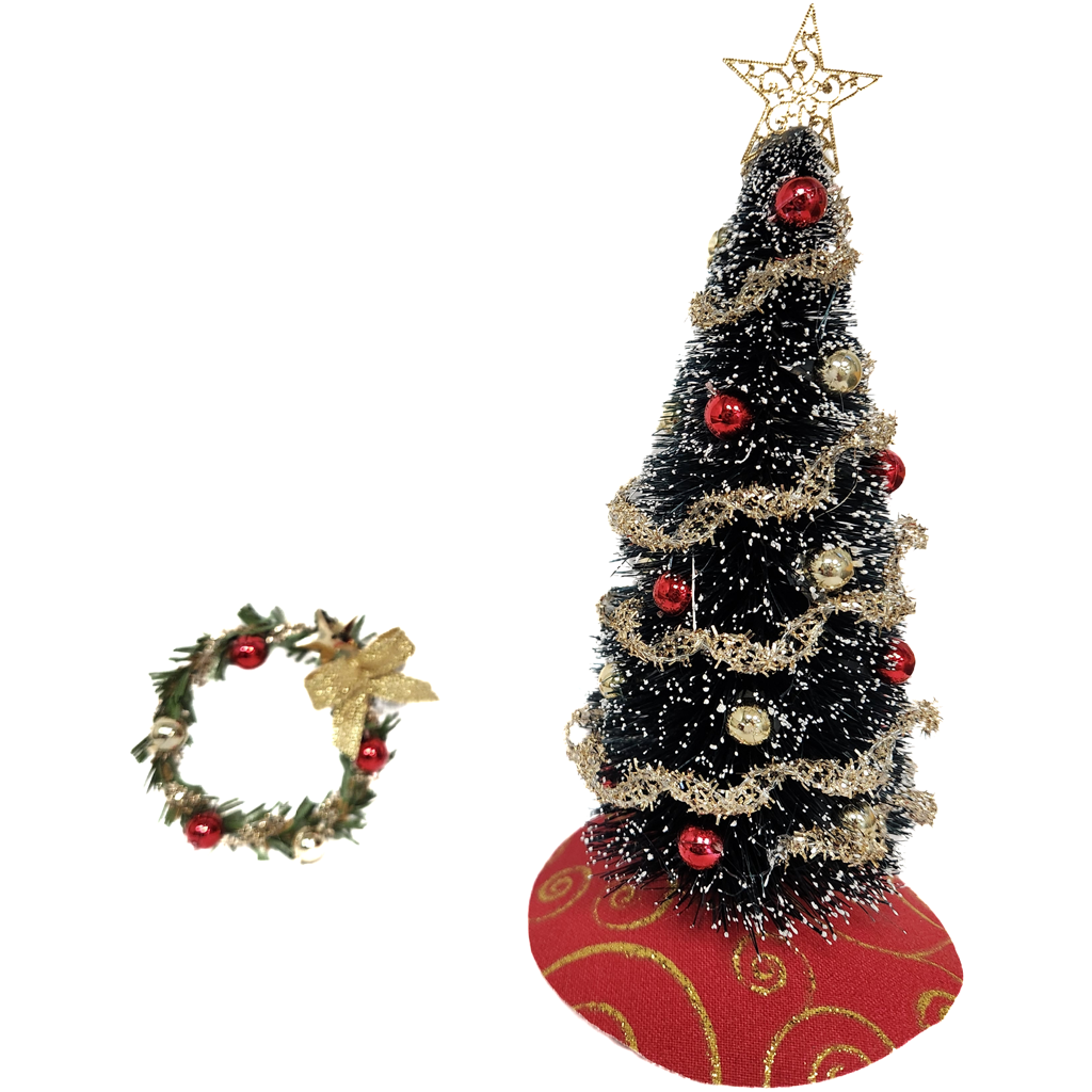 1 inch Scale Decorated Red and Gold Christmas Tree Dollhouse Miniature with Wreath