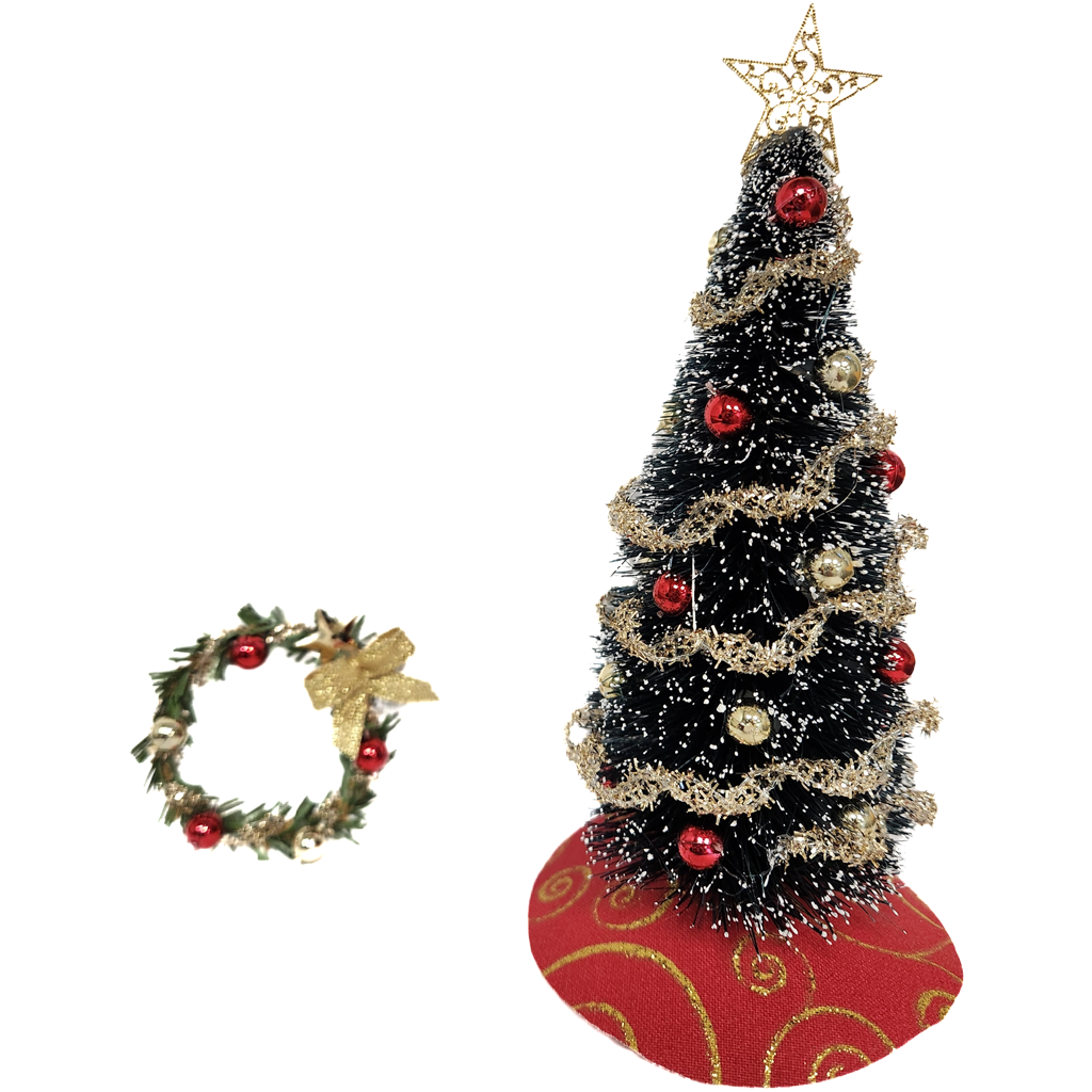 1 Inch Scale Decorated Red and Gold Christmas Tree Dollhouse Miniature with Wreath