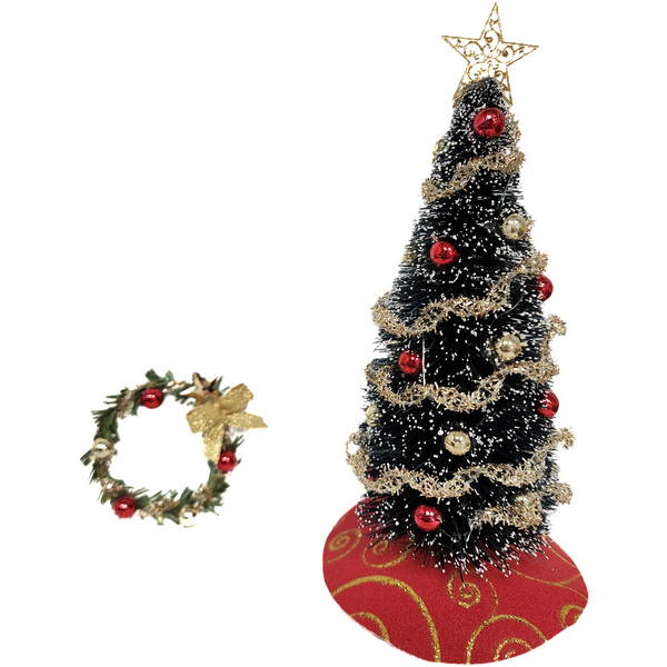 1 Inch Scale Decorated Red and Gold Christmas Tree Dollhouse Miniature with Wreath