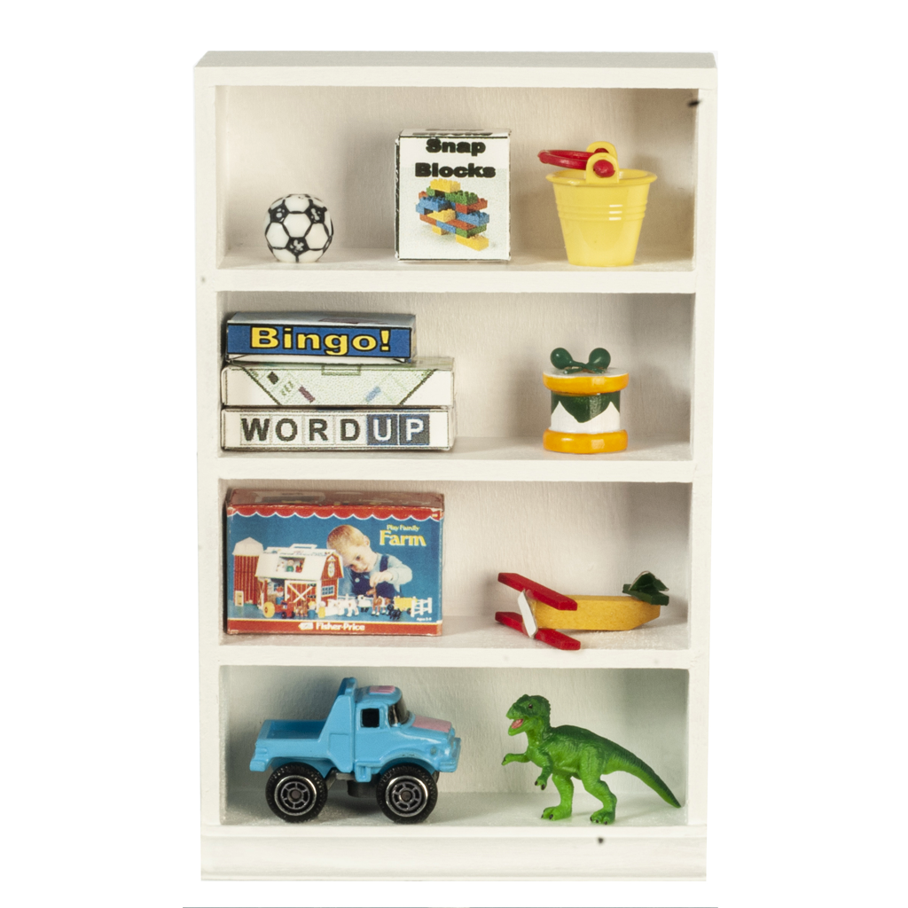 Decorated 1 Inch Scale Boys Dollhouse Bookshelf with Accessories