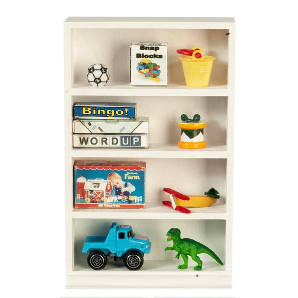 Decorated 1 Inch Scale Boys Dollhouse Bookshelf with Accessories