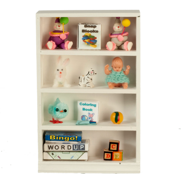 Decorated 1 Inch Scale Girls Dollhouse Bookshelf with Accessories