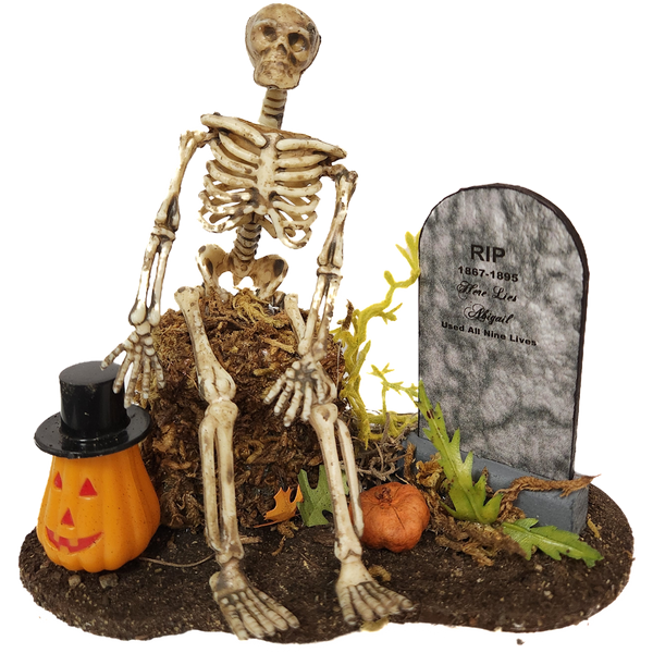 1 Inch Scale Decorated Skeleton on Bale of Hay with Pumpkin and Tombstone Dollhouse Miniature