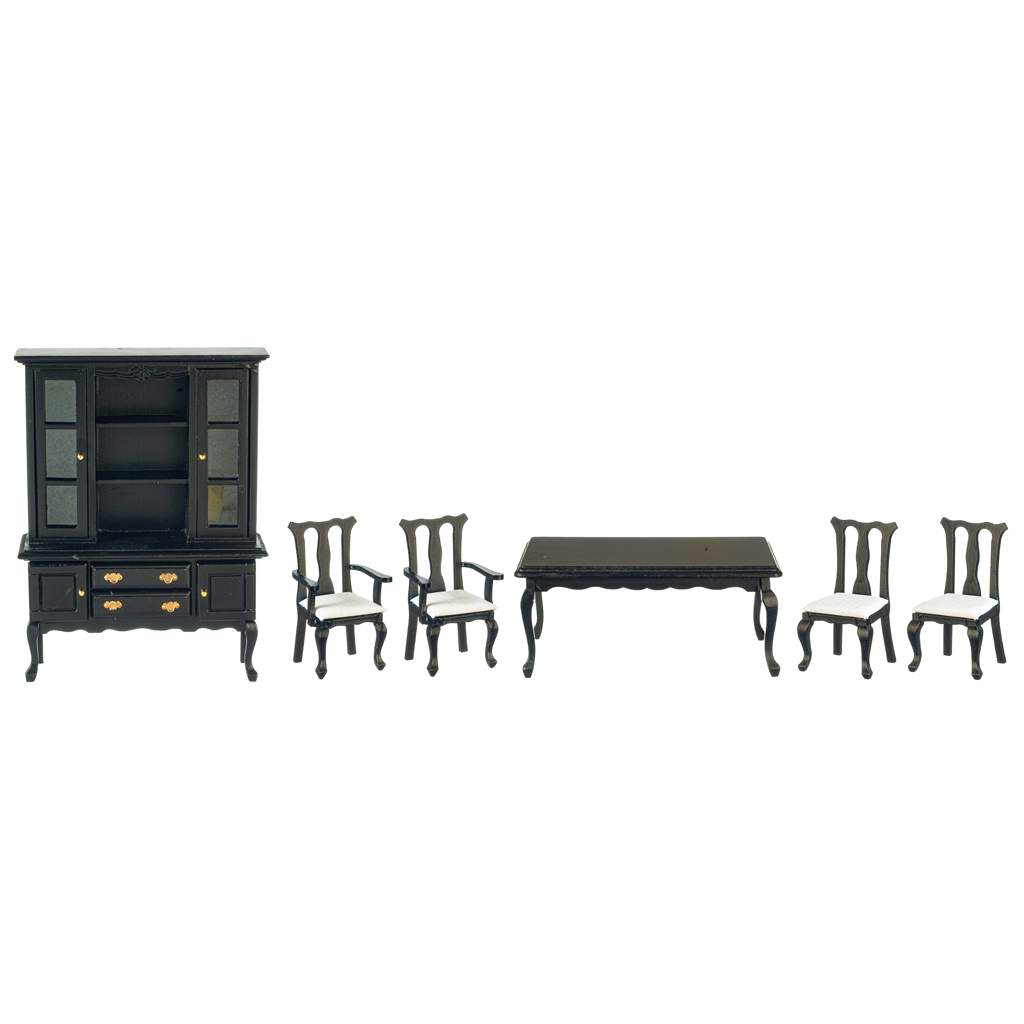 1 Inch Scale Dollhouse Dining Room Set in Black with White Cushions