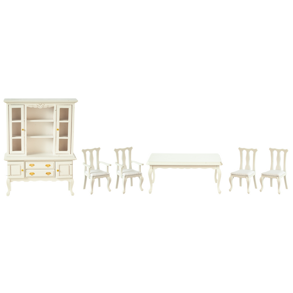 1 Inch Scale Dollhouse Dining Room Set in White with White Cushions