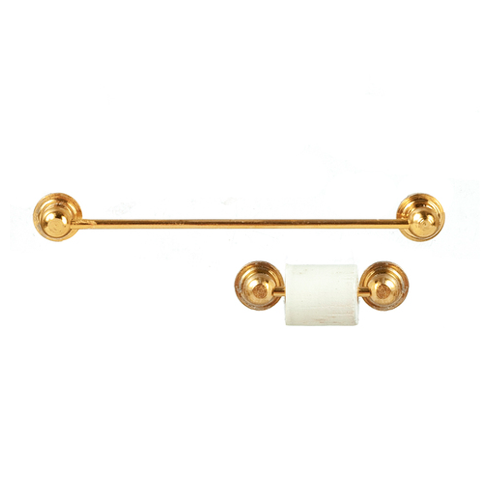 1 Inch Scale Dollhouse Miniature Brass Towel and Toilet Paper Holder