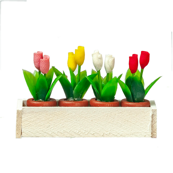 1 Inch Scale Small White Window Box with Potted Tulips Dollhouse Miniature