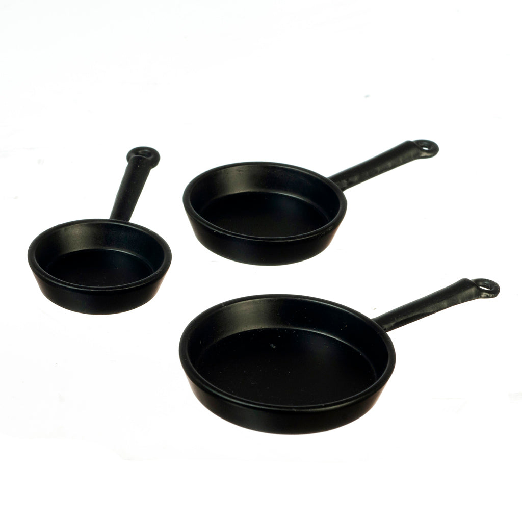 1 Inch Scale Black Cast Iron Frying Pan Set Dollhouse Miniature