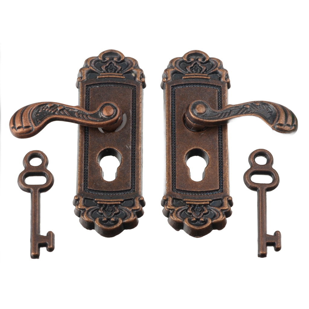 Dark Bronze Dollhouse Door Knob & Key Plate with Key 4 pieces