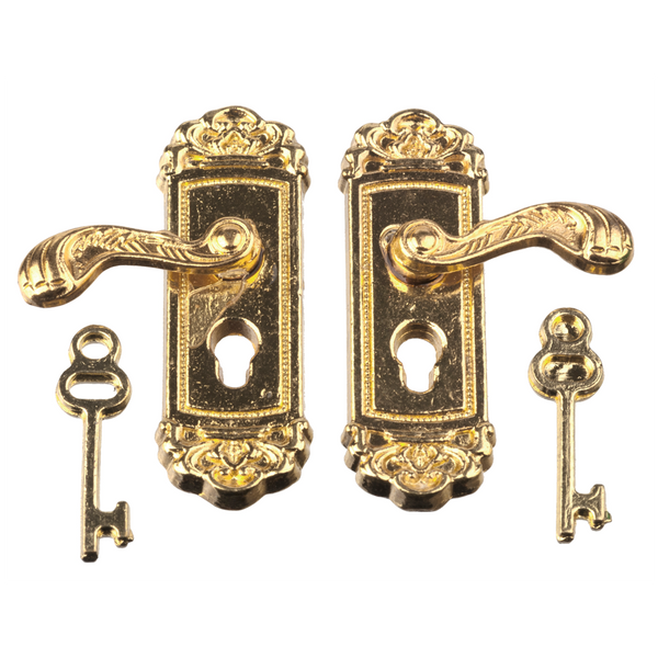 Brass Dollhouse Door Knob & Key Plate with Key 4 pieces