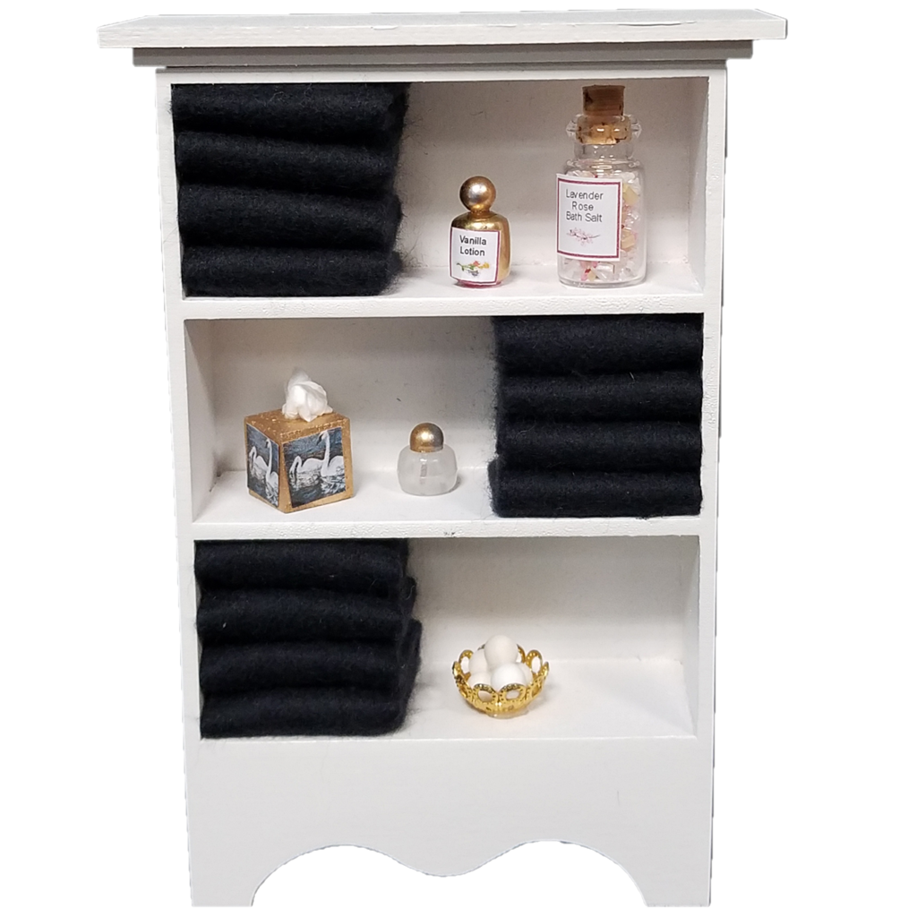 Decorated Small 1 Inch Scale Dollhouse Bathroom Cupboard with Accessories in Black