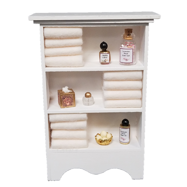 Decorated Small 1 Inch Scale Dollhouse Bathroom Cupboard with Accessories in Cream