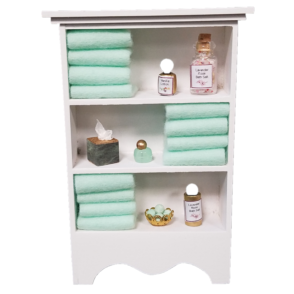 Decorated Small 1 Inch Scale Dollhouse Bathroom Cupboard with