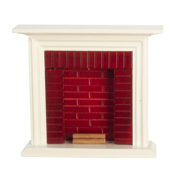 1 Inch Scale White and Red Brick Dollhouse Fireplace with Logs