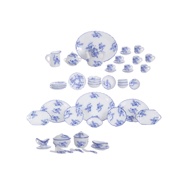 1 Inch Scale Blue Floral Dollhouse Tea and Serving Set - 50 pieces