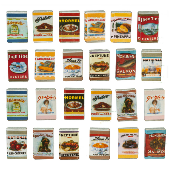 24 Piece 1 Inch Scale Square Old Fashioned Dollhouse Grocery Tin Set