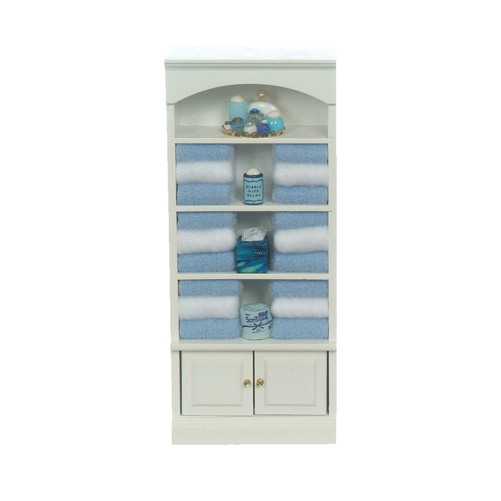 Decorated 1 Inch Scale Dollhouse Bathroom Cupboard with Accessories in Blue