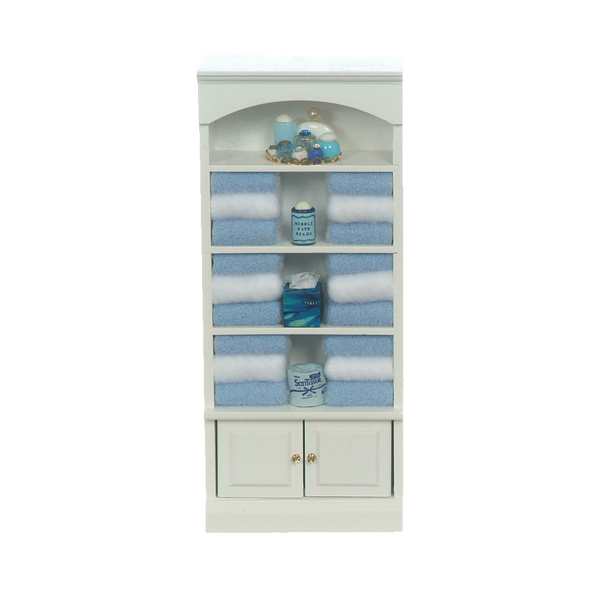Decorated 1 Inch Scale Dollhouse Bathroom Cupboard with Accessories in Blue