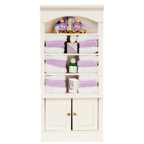 Decorated 1 Inch Scale Dollhouse Bathroom Cupboard with Accessories in Lavender